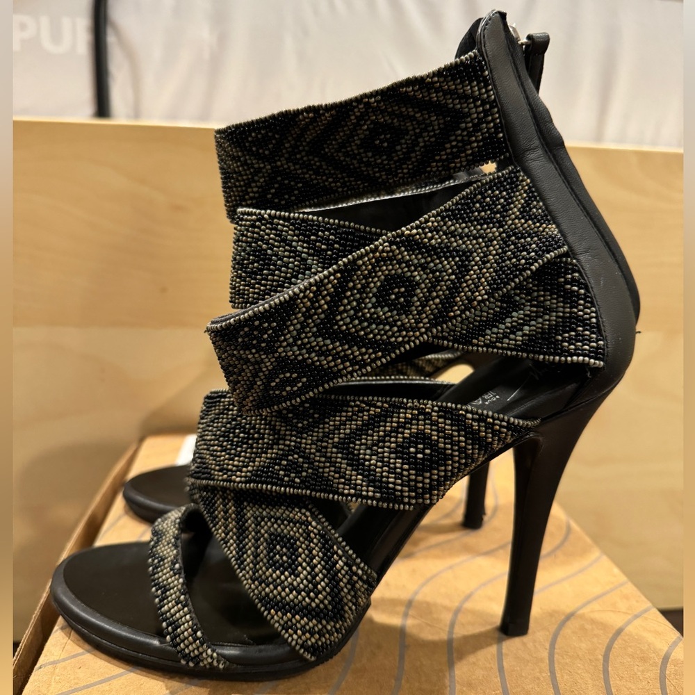 Balmain black green beaded high heel sandals Sz 38